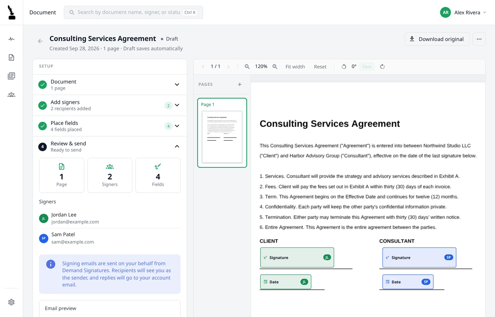 Demand Signatures document editor with two signers and signature and date fields placed on an agreement