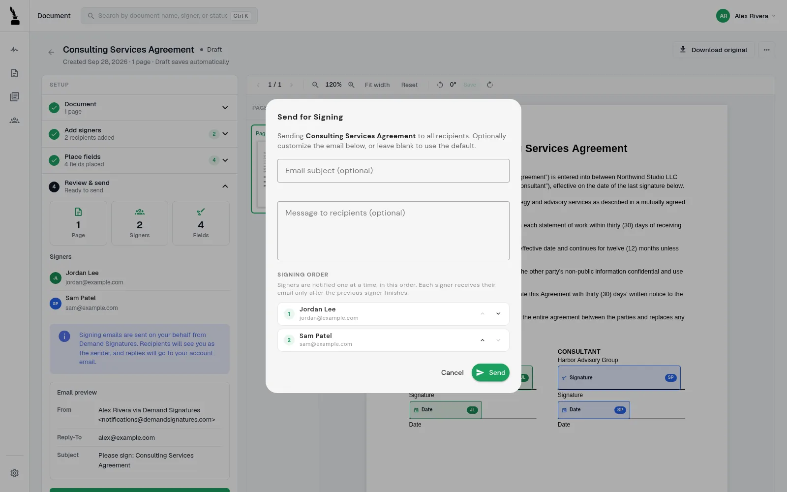 Send for Signing dialog listing two sample signers in signing order