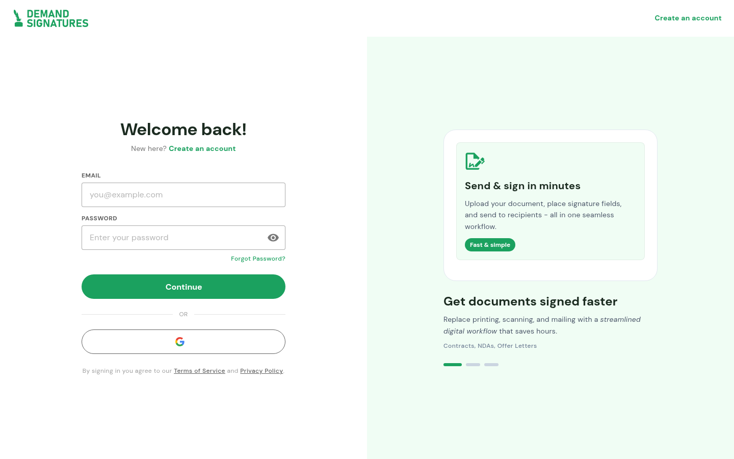 Sign-in page with Email, Password, Continue and Forgot Password